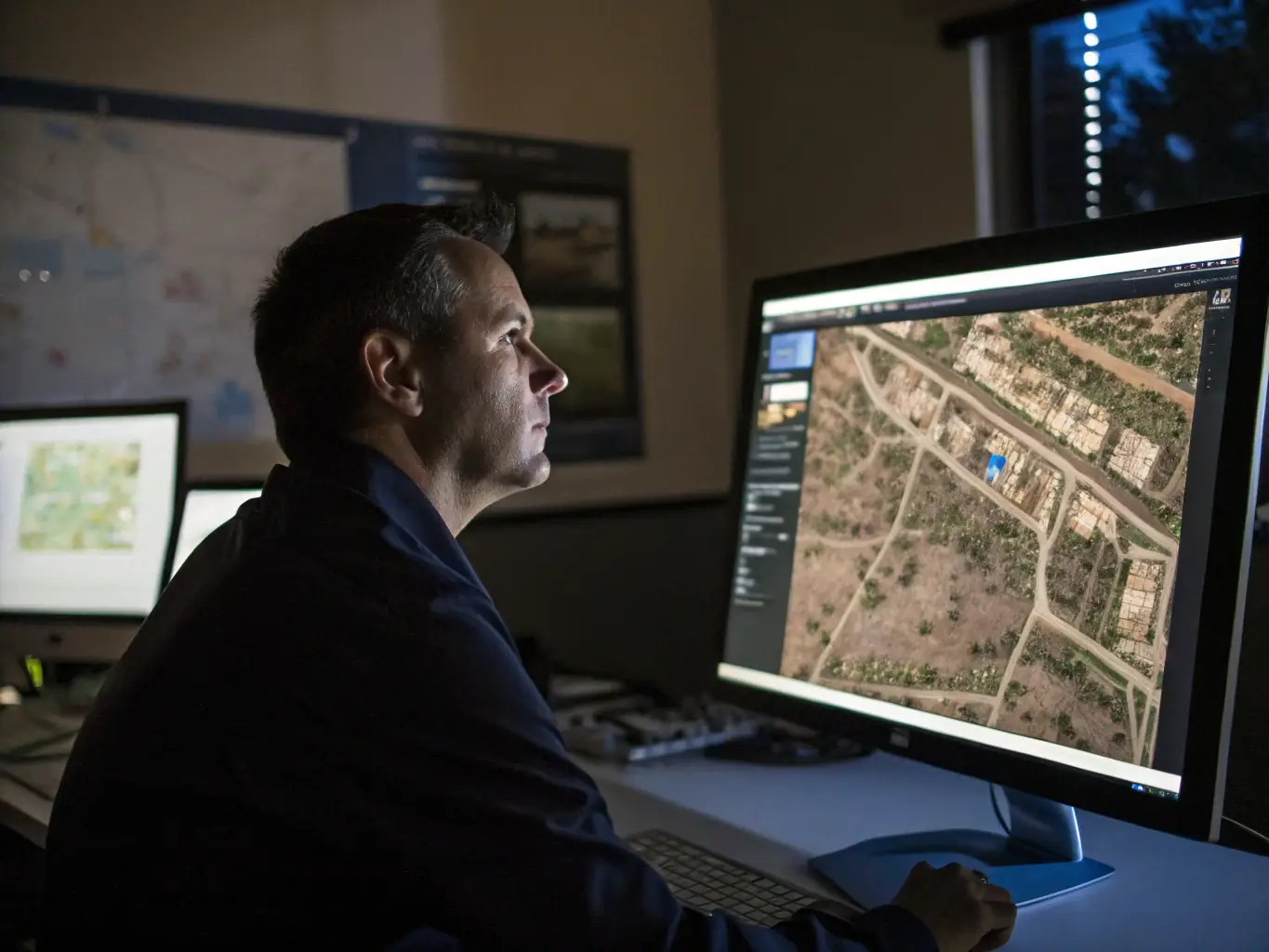 A professional real estate analyst reviewing satellite imagery of a landlocked property on a computer screen, highlighting key features and potential access points.