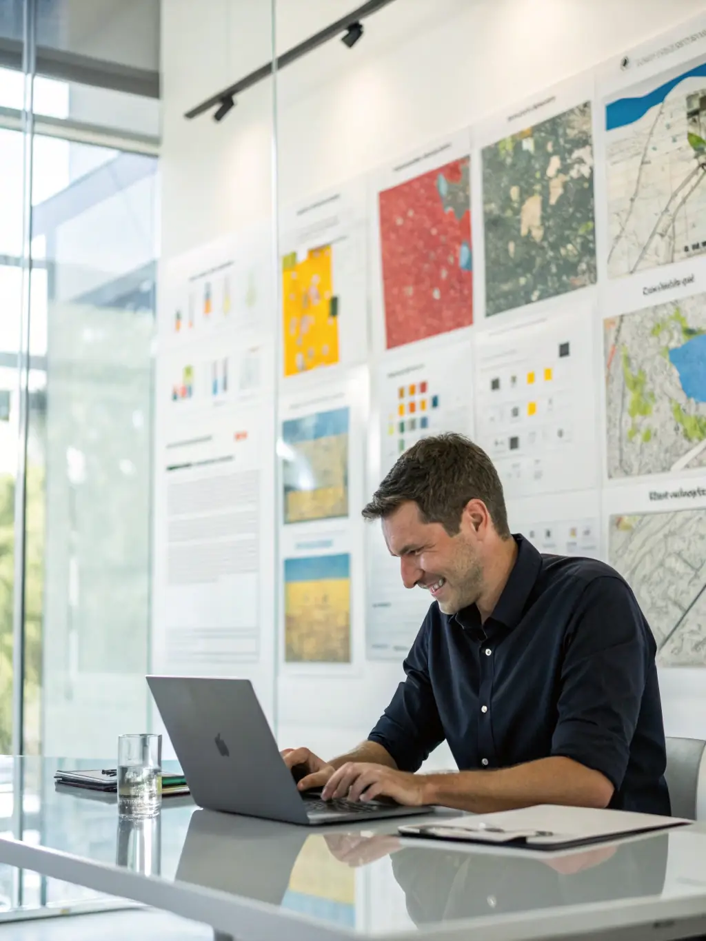 An image showcasing a team member analyzing landlocked property data on a laptop, with maps and assessment reports visible in the background, representing Landlockedpro's Landlocked Property Evaluation service.