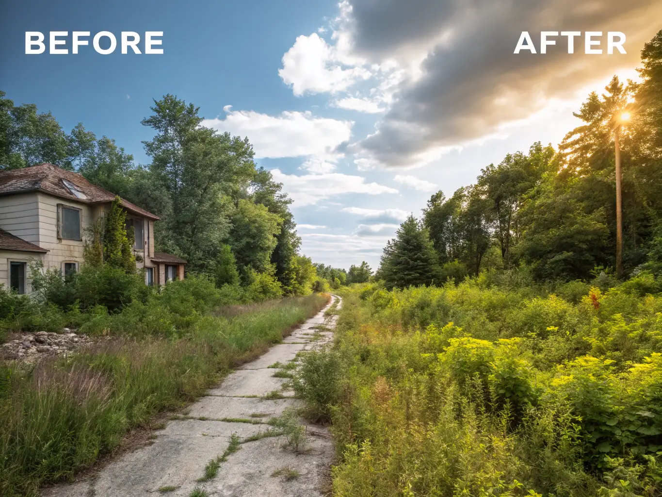 A before-and-after image showcasing a transformed landlocked property, with the 'before' image showing overgrown land and the 'after' image showing a developed lot with access road.