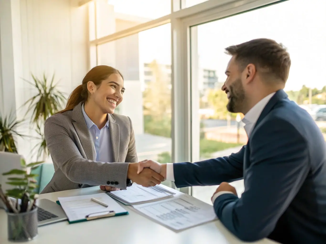 A handshake between a Landlockedpro representative and a satisfied client in front of a successfully converted landlocked property, symbolizing a successful partnership.